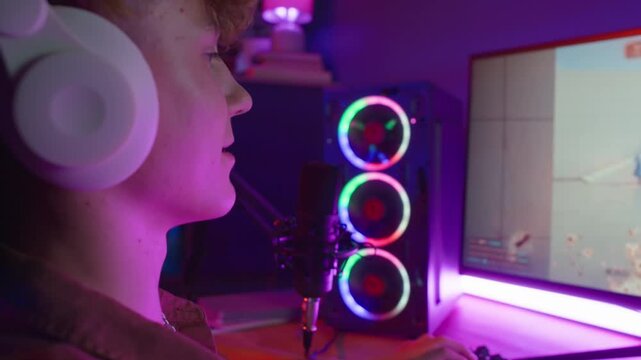 Close-up shot of Caucasian teenage gamer with headphones streaming third-person shooter speaking into professional microphone at home