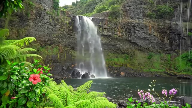 Lush jungle waterfall cascades; floral foreground, rainforest background; nature screensaver