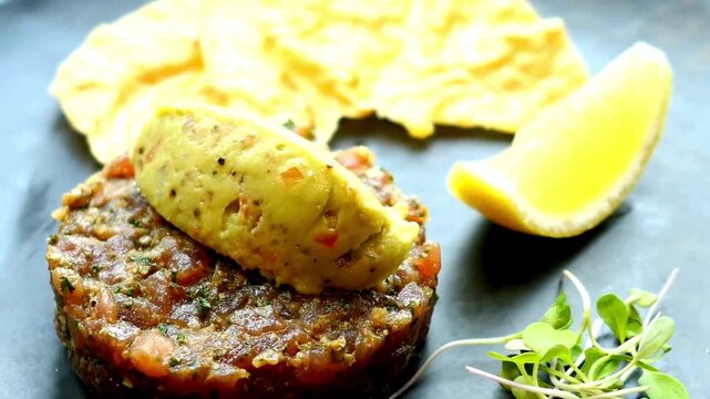 Steak tartare with mustard sauce, lemon, and chips on a black plate