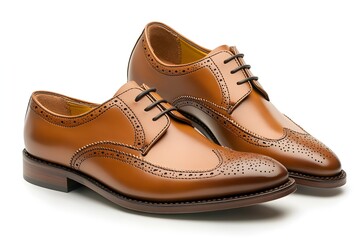 Fototapeta premium Classic tan leather wingtip brogues with intricate perforation and black laces