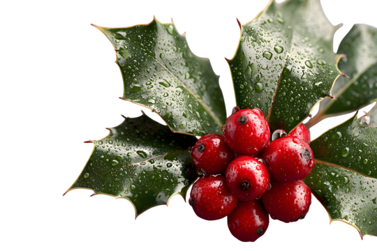 Vibrant red holly berries glisten with fresh water droplets on sharp green leaves, evoking winter holidays and natural beauty.