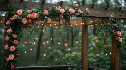Wooden gazebo adorned with flowers and fairy lights
