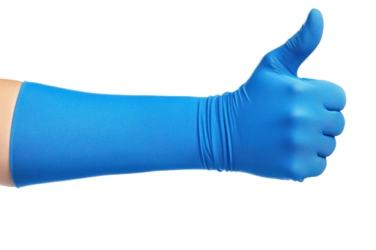 Blue casted hand giving thumbs up isolated on transparent background. Hand wearing a blue sleeve showing a thumbs up gesture isolated on white background.