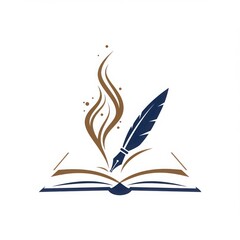 Feather quill writing on open book with swirling smoke