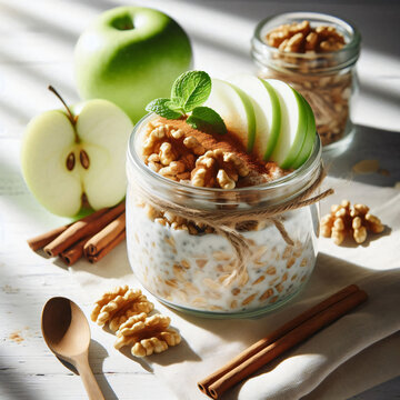  Bircher Muesli in Glass Jar with Apple Slices and Walnuts