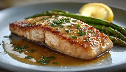 Grilled salmon fillet with butter herb sauce and fresh asparagus on gray plate, garnished with lemon and parsley in restaurant style presentation.