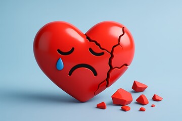Broken red heart with sad face and tears on blue background