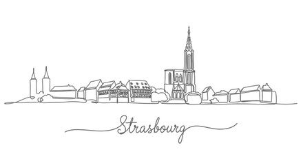 Strasbourg Skyline with Single Line Drawing, and White.