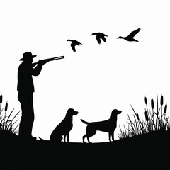 Silhouette of duck hunter aiming shotgun with dogs and flying ducks