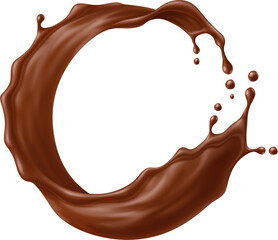 Round circle chocolate drink wave splash forming dynamic spiral with droplets. Vector fluid cocoa liquid in motion exudes delicious energy. Isolated 3d vector choco dessert flow stream with splatters