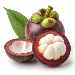Seashore Mangosteen Exotic Tropical Beauty with Smooth Green-Tinged Shell and Luminous Snow-White Segments Captured in Crisp, Vivid Detail on Pure White Background for Fresh Gourmet Charm