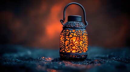 Decorative metal lantern with glowing warm light through intricate floral pattern creates magical atmosphere against dark blurred background at dusk.