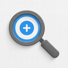 Fototapeta premium Gray magnifying glass with blue and white circles and a plus sign on a textured white background