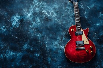 Red electric guitar with sunburst finish on dark blue textured background. Musical instrument against dramatic grunge wall creates moody atmosphere for music themes.