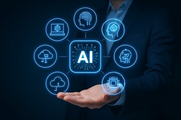 Businessman holding artificial intelligence concept with glowing icons and neural network
