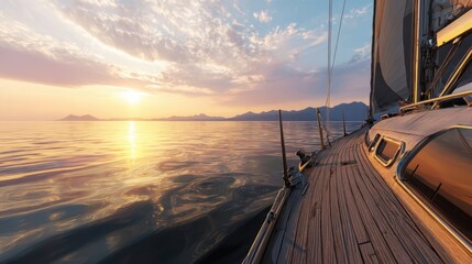 The sailboat gliding gracefully under a stunning sunset on calm waters.