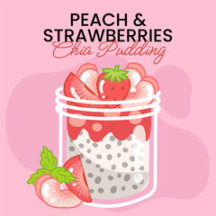Peach And Strawberries Chia Pudding Vector Illustration