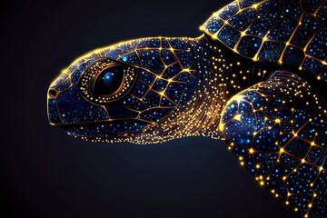 Mystical sea turtle with cosmic patterns and glowing golden lights against dark background, featuring intricate constellation designs and starry details on shell.
