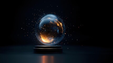 Glowing moon phases sphere on black pedestal with magical sparkles and reflections against dark background creates mystical atmosphere.
