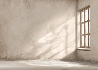 Empty room with sunlit window.  Beige walls and floor, mottled texture,  long shadows cast by a window