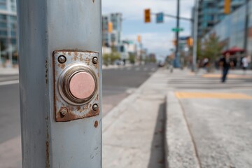 Worn pedestrian crosswalk button on metal pole under soft urban daylight glow