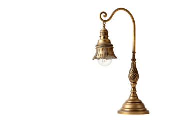 Antique brass desk lamp with curved arm isolated on transparent background