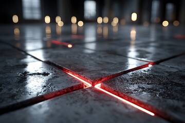 Illuminated red lines in a dark gray stone floor with blurred lights in a large interior space