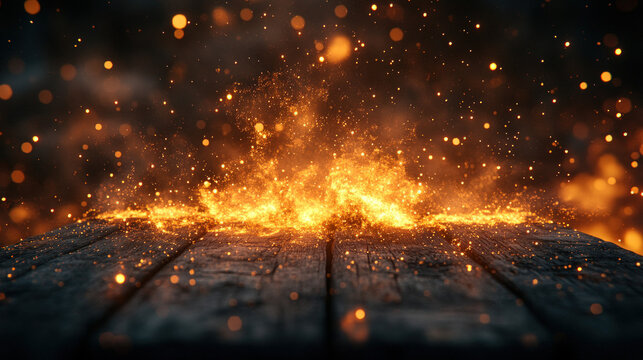 Fiery wooden surface, glowing sparks