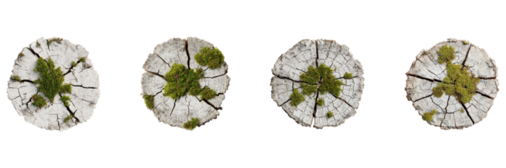 Tree Stump Cross-Sections With Moss Set. Natural Texture And Growth Patterns Collection Isolated On Transparent Background