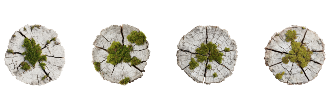 Tree Stump Cross-Sections With Moss Set. Natural Texture And Growth Patterns Collection Isolated On Transparent Background