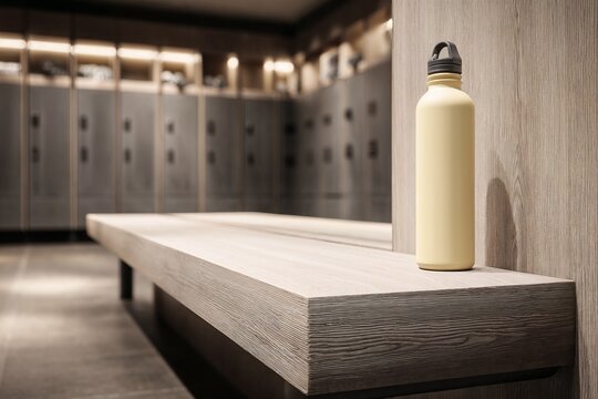 Yellow water bottle on bench in locker room