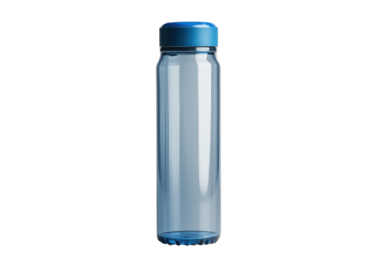 Clear blue water bottle with textured cap isolated on transparent background. Reusable plastic water bottle with a blue cap perfect for staying hydrated during exercise isolated on white background.