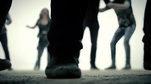 Blurry Legs of a Crowd Surrounding a Person