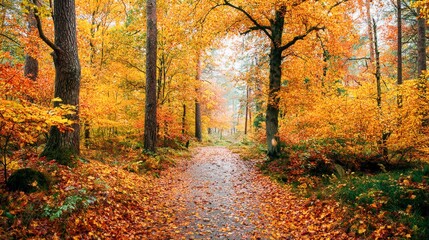 Obraz premium Scenic Autumn Forest Path with Golden Leaves, Tranquil Nature Walk in Woodland Setting