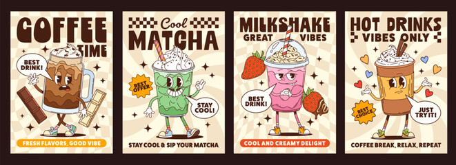 Cartoon groovy hippie dessert characters posters, vector retro y2k drinks. Vintage funny coffee cup and hot chocolate mug characters. Cute groovy matcha latte and milkshake glasses, cafe posters set