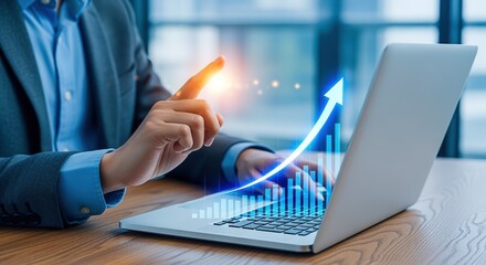 Businessman Analyzing Financial Growth on Laptop with Rising Arrow and Bar Graph Overlay Concept