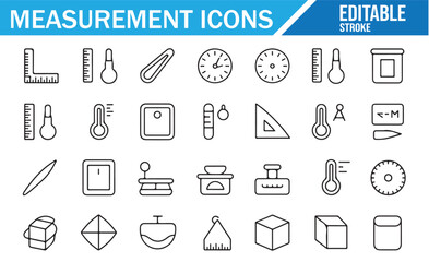 A collection of editable line icons representing various measurement tools. Includes rulers, thermometers, compasses, clocks, and other instruments used for measurement and precision tasks. Ideal for 