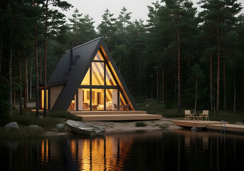 Modern A-frame cabin by a lake at dusk architecture