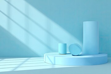 Light-filled, pastel blue display podium with geometric shapes