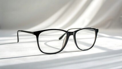 Elegant black frame eyeglasses on a white draped fabric background casting soft shadows for a modern minimalist aesthetic enhancing visual clarity and style