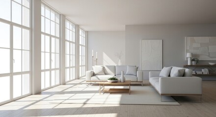 Fototapeta premium Sunlit modern living room with large windows, minimalist furniture, and a light color palette.
