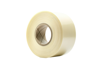 Roll of beige adhesive tape isolated on transparent background. Side view of a masking tape roll ideal for painting labeling and general masking applications isolated on white background.