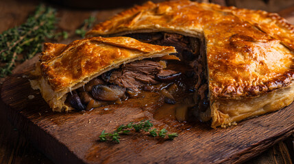 Savory Game Meat Pie with Golden Brown Crust and Rich Filling of Mushrooms and Tender Beef