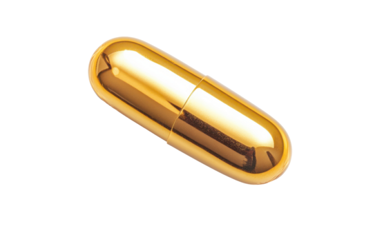 Shiny golden pill isolated on transparent background. Single golden fish oil capsule with a glossy smooth surface commonly a dietary supplement for omega-3 fatty acids isolated on white background.