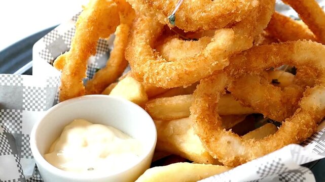 Delicious fried onion rings and squids served with mayonnaise in a basket