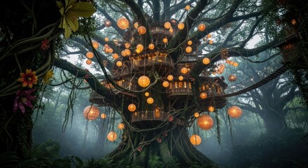 Enchanted ancient tree with multiple intricate treehouses nestled within its massive branches, illuminated by countless glowing lanterns creating a magical forest scene
