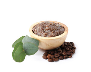Natural body scrub in wooden bowl, coffee beans and eucalyptus branch isolated on white