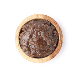Natural body scrub in wooden bowl isolated on white, top view
