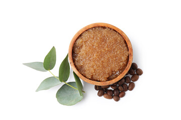 Natural body scrub in wooden bowl, coffee beans and eucalyptus branch isolated on white, top view
