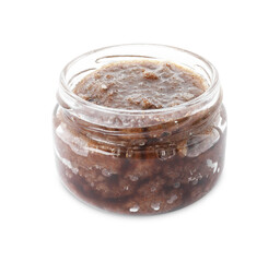 Natural body scrub in glass jar isolated on white